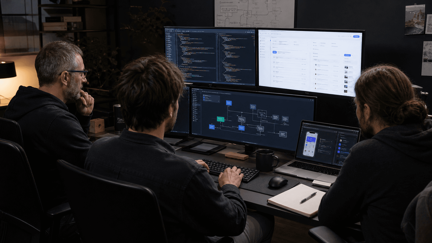A software team working across code, product interfaces, and system architecture